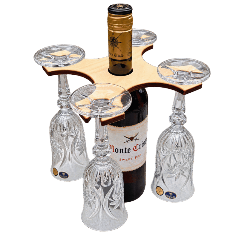 Hele puidust veiniklaasihoidja pudelile nelja veiniklaasiga Hele puidust veiniklaasihoidja pudelile nelja veiniklaasiga