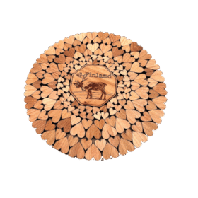 Lepapuidust ümmargune mosaiikkuumaalus Finland-kirja ja põhjapõdra kujutisega, 15 cm